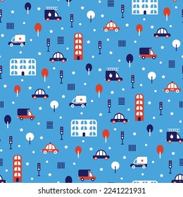 Baby boy pattern with city toy car. Cute truck, police, red fire engine, white ambulance, taxi, passenger automobile. Seamless print of children's fabric. Vehicle on blue background. Nursery wallpaper