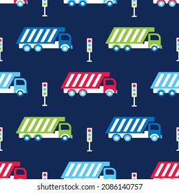 Patrón de niño bebé con máquinas de construcción - camiones con fondo azul oscuro. Impresión con caricaturas para el diseño de habitaciones para niños. Camiones de basura rojos, verdes, azules y brillantes conducen entre semáforos