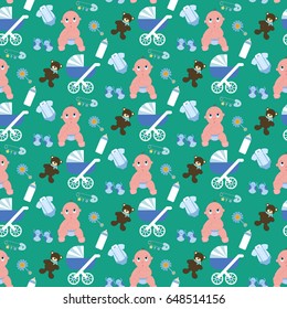 Baby boy pattern on the green background. Vector illustration