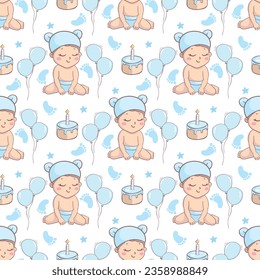 Baby-Boy-Muster. Nahtlose Hintergründe. Blaue Kinder süße Stoffdrucke.  Vektorgrafik.
