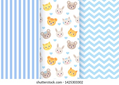 Baby boy pattern. Baby shower seamless background. Vector. Blue childish textile print, wallpaper design. Pastel texture for invitation, invite template, card, birth party scrapbook. Flat illustration
