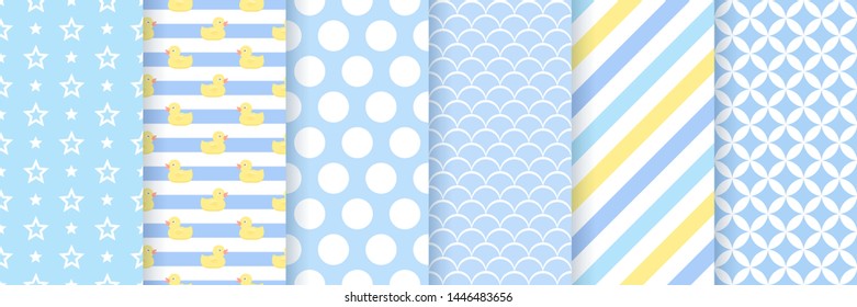 Baby boy pattern. Baby shower seamless blue background. Vector. Pastel childish textile print. Set cute texture for invitation, invite template, card, birth party, scrapbook. Flat illustration.