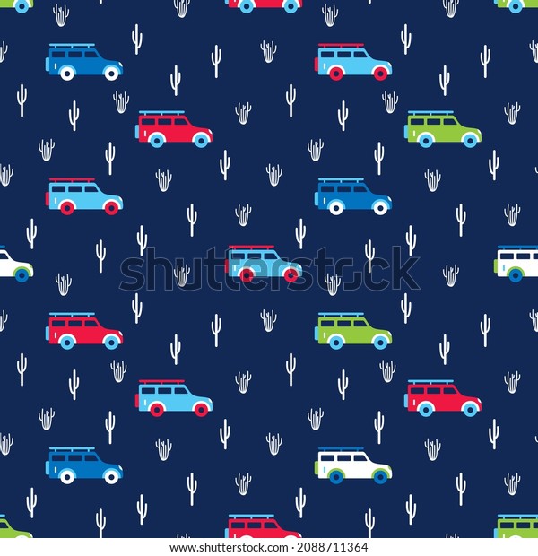Baby boy pattern with SUV cars. Auto, cacti on\
dark blue background. Adventure travel in desert. Seamless kids\
texture with red blue green white vehicle. Ornament with motor car\
for children\'s jacket.