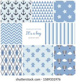 Baby boy patterns. Kids ornaments vector set. Blue backgrounds for baby shower.