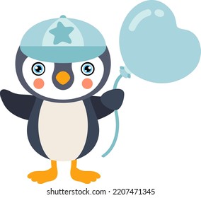 Baby Boy Penguin Hold A Blue Heart Balloon
