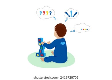 Baby boy play with blocks. Cubes tower with letters autism Vector Isolated. World Autism Awareness Day. Design element for banners, posters, printed products, cards, flyers, patterns, covers.