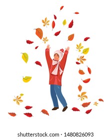 Baby boy is playing with autumn leaves. Vector graphics.