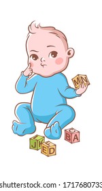 Baby boy playing with cubes. Funny happy cute toddler in blue costume and blocks, vector cartoon kid character