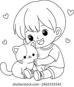 Baby boy playing with cute cat coloring page clipart cartoon character. Children day vector illustration.