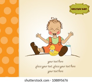 baby boy playing with his duck toy, welcome baby card