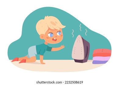 Baby boy playing with iron vector illustration. Cartoon careless kid crawling to play and touch with finger hot burning surface of electrical appliance, danger of electricity for health of children