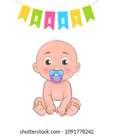 Baby boy poster newborn infant with pacifier in mouth, bold male and decorative flags above him, vector illustration of toddler in diapers isolated