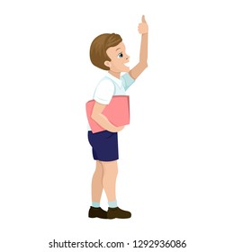Baby boy in profile. Raises his hand and shows a thumbs up. Holds a tutorial or folder. Vector illustration of isolated character on white background