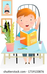 Baby boy reading a book raise hand to answer question. Happy kid cartoon smiling studying character in the classroom interior sitting at the desk. Vector cartoon watercolor style illustration.