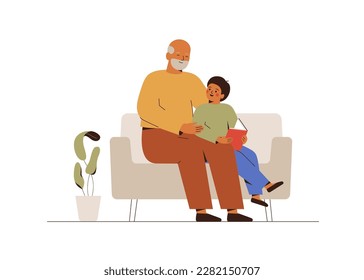 Baby boy reads the book with his grandfather. Mature man spends time and talks with his grandson at home. Babysitting and child care concept. Vector illustration