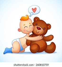 Baby boy redhead hugs teddy bear toy on a white background. Bear child's toy. Cheerful baby hugging his teddy bear