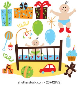 Baby Boy Retro Birthday Party with presents, balloons, baby toys, bottles, and cake