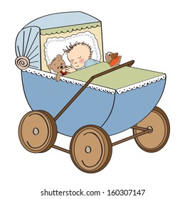 baby boy in retro stroller isolated on white background, vector illustration