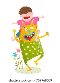 Baby Boy Riding Imaginary Monster. Fun colorful teasing cartoon for kids. Vector illustration.