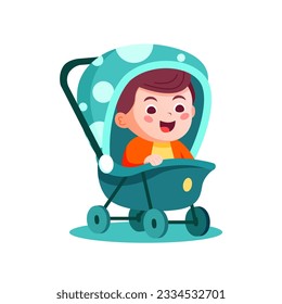 a baby boy riding a stroller, cute baby illustration, cartoon design
