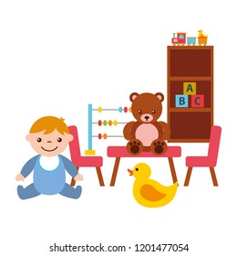 baby boy in room with bear duck abacus