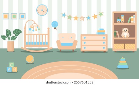 Baby boy room with furniture in flat style.Green, blue, yellow colors. Children room interior. Nursery with a baby cot, chair, book shelf, clock, flags, plant, toys. Flat Vector illustration. 
