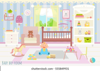 Baby boy room interior. Flat design. Baby room with a window, shelf,  toys, cot, bedside  table,  armchair, table, chair and rug.Children's room.