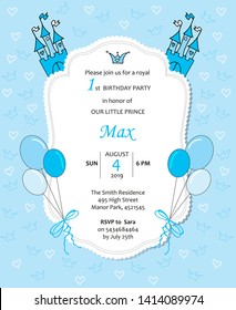 Baby boy royal birthday invitation with balloons, castle, hearts and crowns. Little prince template card in the lace frame on blue background.