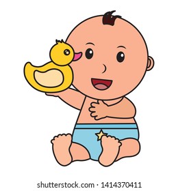 baby boy with rubber duck toy vector illustration