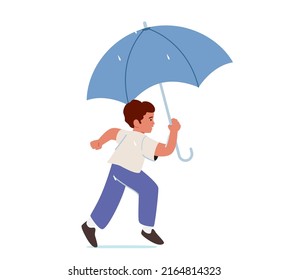 Baby Boy Run with Umbrella in Hands Isolated on White Background.Little Male Character Go at Rainy Autumn Weather, Playing, Outdoor Fun on Street. Cartoon People Vector Illustration