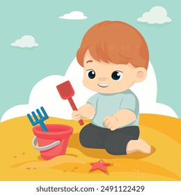 baby boy in sandbox play outdoor with sand and toys vector cartoon illustration  flat  design 