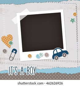 Baby boy scrapbook elements, photoframe, buttons, toy car, pin