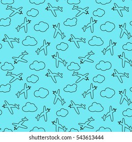 Baby boy seamless pattern with with airplanes silhouettes