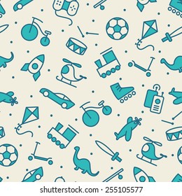 Baby boy seamless pattern. Blue, azure and cream colors. Thin line icons of baby toys. Also for printing on paper and fabric. 