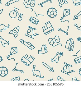 Baby boy seamless pattern. Blue and cream colors. Thin line icons of baby toys. Also for printing on paper and fabric. 