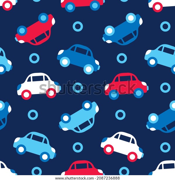 Baby boy seamless pattern with cars. Automobile on dark blue childish background. Texture with red, white and light blue toy cars for kids textiles and nice apparel. Print for cute design of nursery.