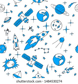 Baby boy seamless pattern with doodle space. Hand drawn sky elements on white background. Vector illustration.