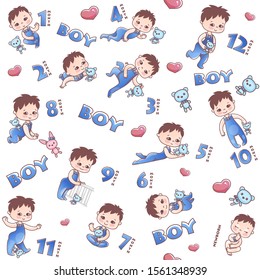 Baby boy seamless pattern. Little baby boy. Stages of child development in the first year of life. Pattern with numbers and boy