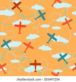 Baby boy seamless pattern with planes and clouds
