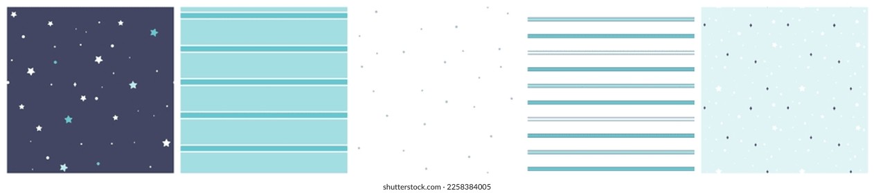 Baby boy seamless pattern set for apparel or bedding textile print. Stars, night sky and stripes vector design in aqua blue, navy and white colors. 