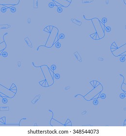 Baby boy seamless pattern with stroller, pacifier and baby bottle. Vector pattern.
