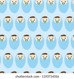 Baby boy seamless repeat vector pattern. Newborn babies with pacifiers on light blue background. For baby shower, invitation, new baby card, baby clothes, fabric, gift wrap, scrap booking, nursery