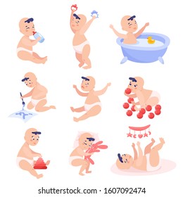 Baby boy set. Beautiful baby in diaper playing with different toys, painting, taking a bath, sleeping and crying.