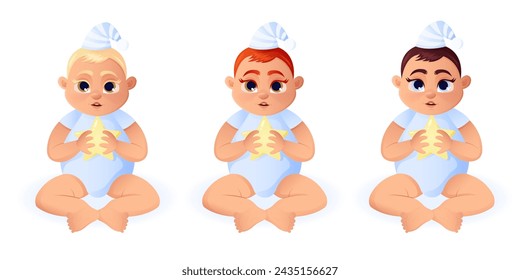 Baby boy set. Boys with different hair and eye color. Kid sitting in night cap and holding star. Cartoon style vector illustration.
