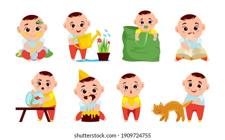 Baby boy set. Naughty children behavior. Little kid tricks. Child plays and grows. Funny character. Editable vector illustration in a flat cartoon style isolated on a white background. 
