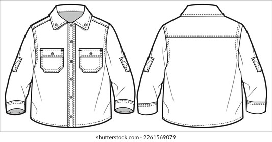 Niño Shirt diseño dibujo plano modelo ilustración vector plantilla con vista frontal y trasera, niño bebé bebé cad cad de camisa occidental se burla