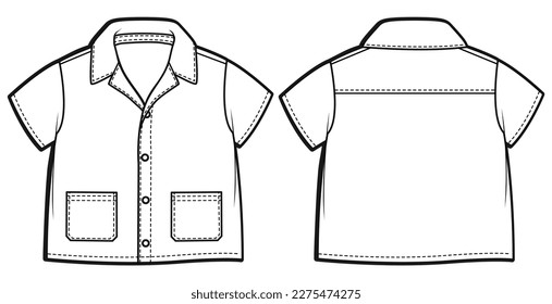 Niño Shirt diseño dibujo plano modelo ilustración vector plantilla con vista frontal y trasera, niños pequeños tejer botón arriba Dibujo de la cad Shirt se burlan