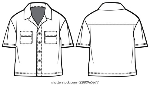 Baby boy Shirt design flat sketch fashion illustration vector template with front and back view,  Toddler kids woven double  pocket Shirt cad drawing mock up