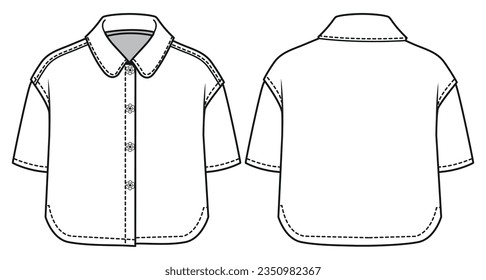 Baby boy Shirt design flat sketch fashion illustration vector template with front and back view,  Toddler kids woven button up Shirt cad drawing mock up