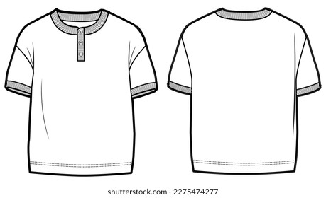 Niño Cuello del cuello de la perilla de manga corta Camiseta dibujo plano ilustración de la moda maqueta mofa hacia arriba con vista frontal y trasera. Dibujo de cad superior de camiseta de bebé y niña